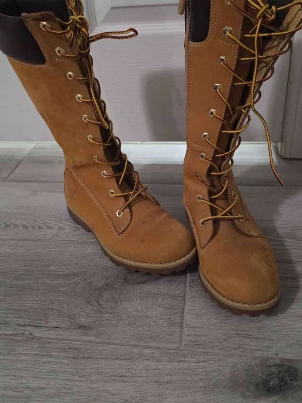 Timberland Women's Tall Lace-Up Boots in Tan with Dark Collar